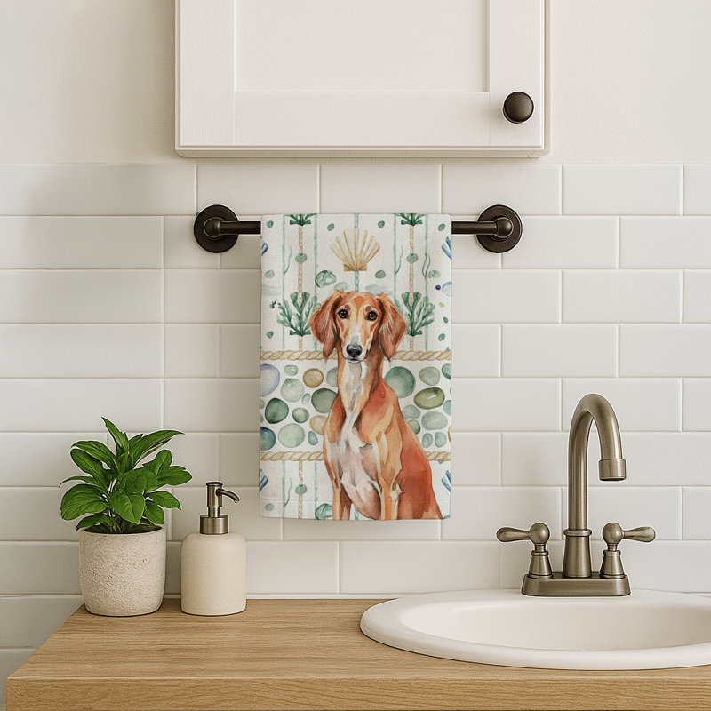 Serviette de cuisine blanche en verre de mer à épagneul tibétain blanc, Saluki rouge
