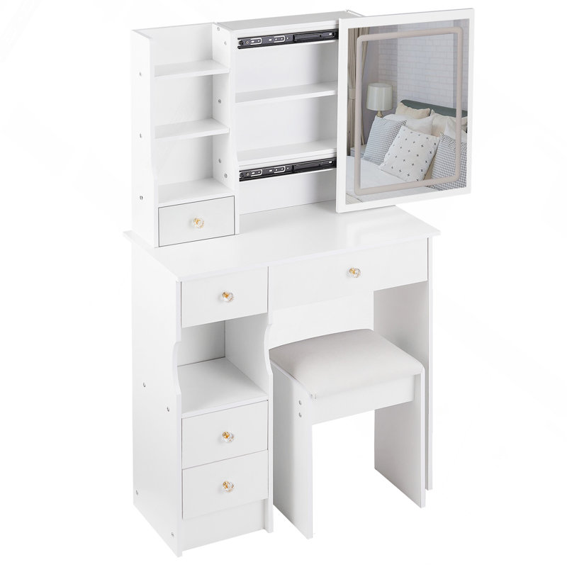 Petite coiffeuse 29,2 po avec tiroir à gauche et tabouret rembourré, Blanc