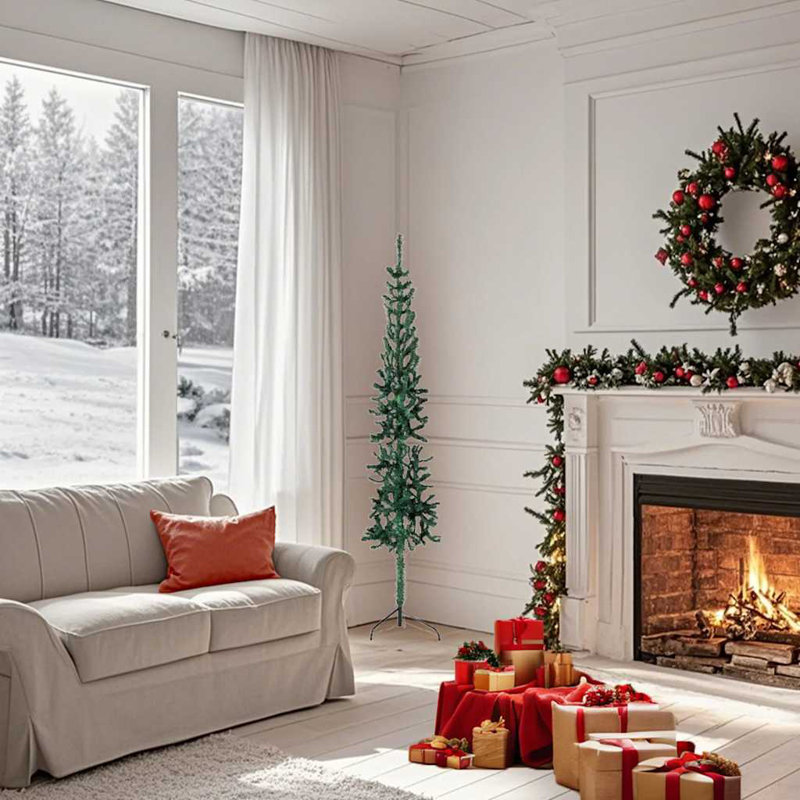 Moitié de sapin de Noël artificiel vert mince avec incrustations décoratives peu encombrantes, H 5 pi, Vert