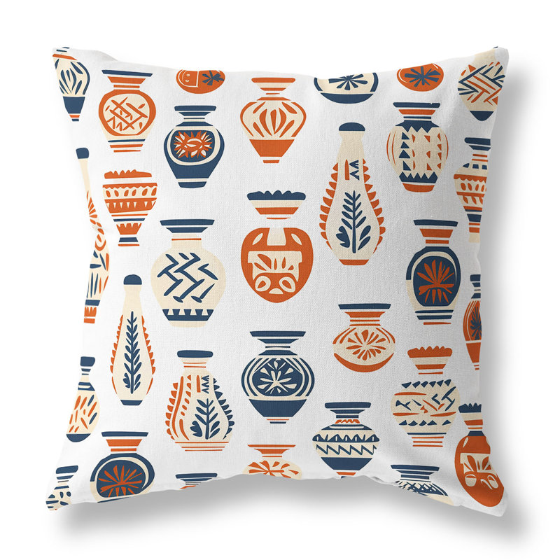 Coussin décoratif intérieur / extérieur Mystical Pottery, H 26 po x l 26 po, Blanc / orange / indigo