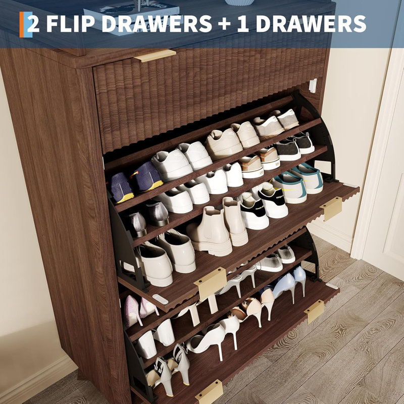 Fluted Shoe Storage Cabinet With 2 Flip Drawers, 48"H Freestanding Hidden Shoe Organizer, Narrow Shoe Rack Cabinet For Hallway Living Room, Walnut
