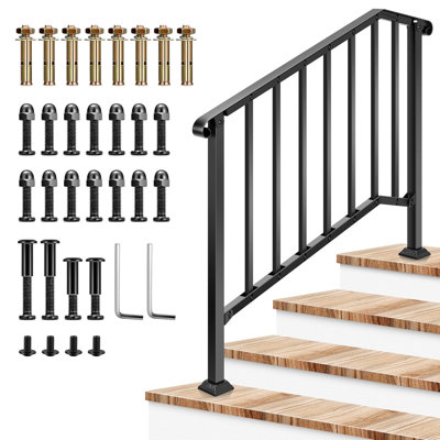 Outdoor Wrought Mattle Iron 4 Step Stair Handrail with Curved End and Balusters