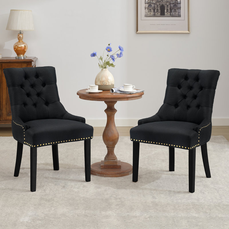Berenis Tufted Linen Upholstered Elegant Dinning Chair, Black, Black