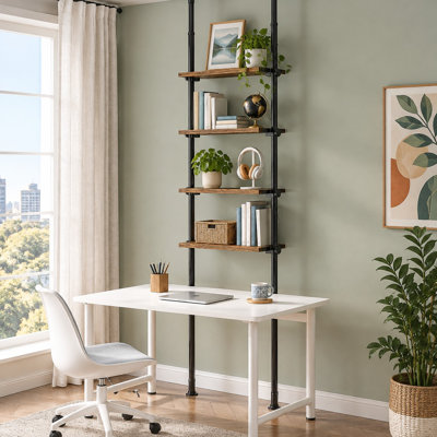 4 height-adjustable wooden ladder shelves stretch between floor and ceiling in this ultra-slim bookcase, designed for spaces with 64-113 in ceilings and other compact areas.