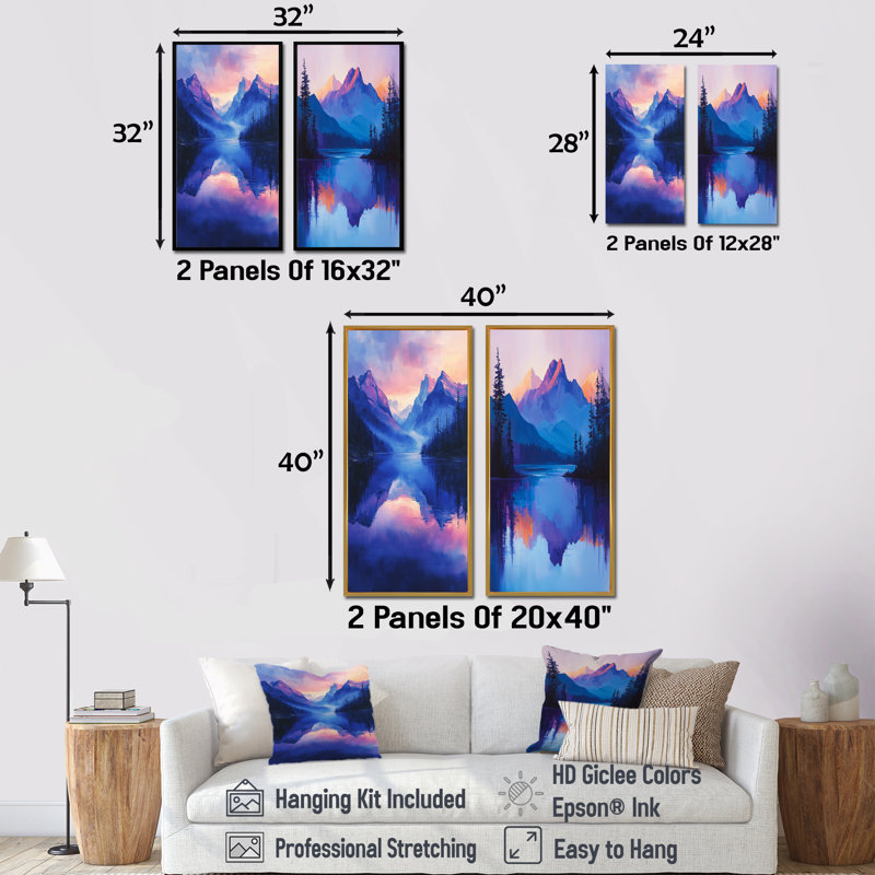 Mountain Reflections At Dusk I - Paysages, impressions sur toile, collection 2 panneaux, H 28 po x l 25 po, Toile tendue