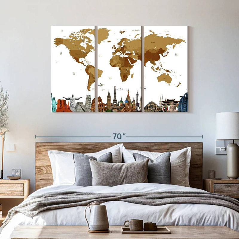 Carte du monde en bronze 3 pièces, H 36 po x l 57 po x P 1,25 po