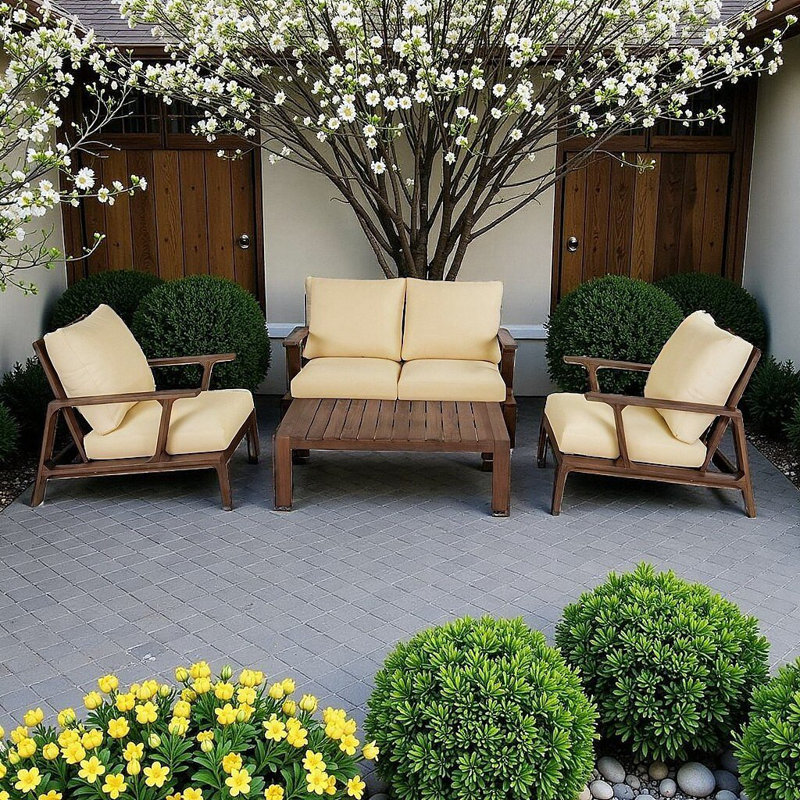 Ensemble de canapé d'extérieur moderne en bois d'acacia avec coussins résistants à l'eau et table basse - Ensemble de conversation pour patio toutes saisons