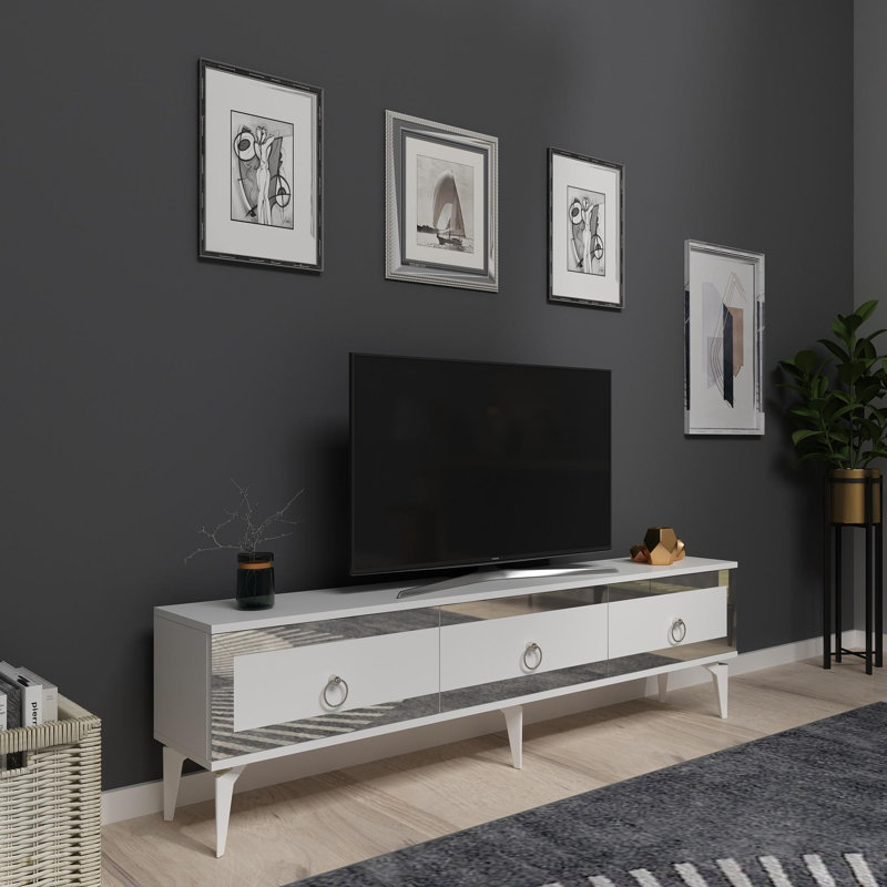 Meuble télé moderne, blanc et argent, 70,9 po x 17,6 po x 11,6 po | 100% panneau de particules enduit de mélamine, épaisseur: 0,7 pouce | Design élégant pour le salon et les espaces de divertissement, durable et élégant