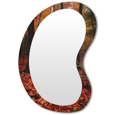 Autumn Leaves In The Maple Tree Forest - Redwood Asymmetrical Wall Mirror, Brown Unique Shape Decorative Mirror, Printed Metal Art