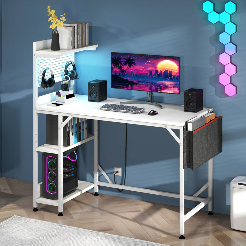 Reversible 110Cm W Computer Desk,Home Office Desk Gaming Table With Storage Shelf&LED Lights, White