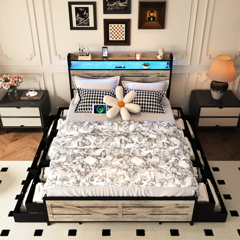 Structure de lit de taille grise avec support à lattes, 12 tiroirs pour accessoires de literie légers, système de charge et système de glissement à DEL - base de matelas, espace de rangement de chevet, station