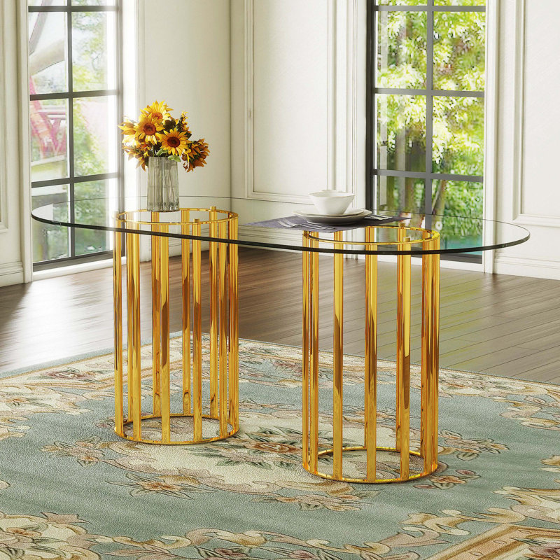 Table de salle à manger ovale en verre trempé de 71 pouces, double colonne dorée de style luxueux, plateau en verre facile à nettoyer résistant aux égratignures, table de salle à manger moderne pour 6 à 8 personnes