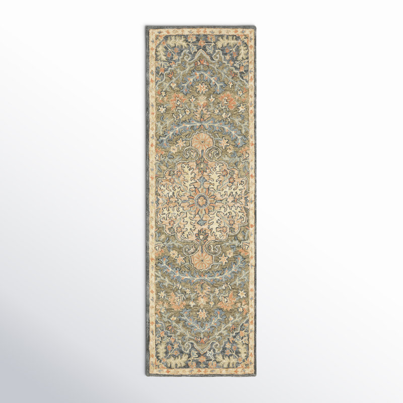 Eitelfritz Oriental Hand Hooked Wool Red/Green/Blue Area Rug, Runner 2'6" x 8'