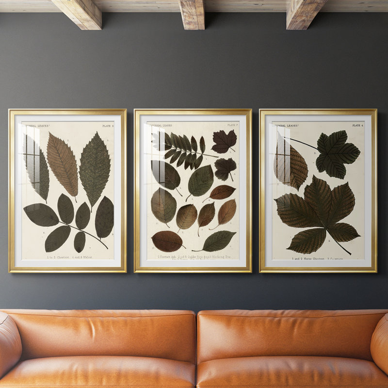 Feuilles d'automne I - Impression encadrée sur mesure de qualité supérieure - 3 pièces, H 21 po x l 30 po, Doré