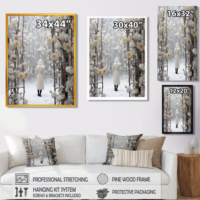 Portail d'hiver avec roses blanches, Toile avec cadre flottant brun, H 32 po x l 24 po x P 1 po