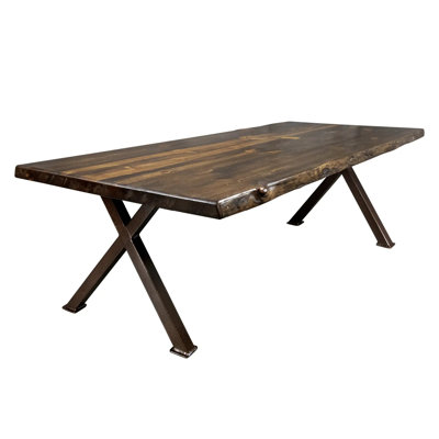 Kishea Collection Live Edge Dining Table w/ Copper Creek X-Series Legs, Provincial Stain and Clear Lacquer Finish