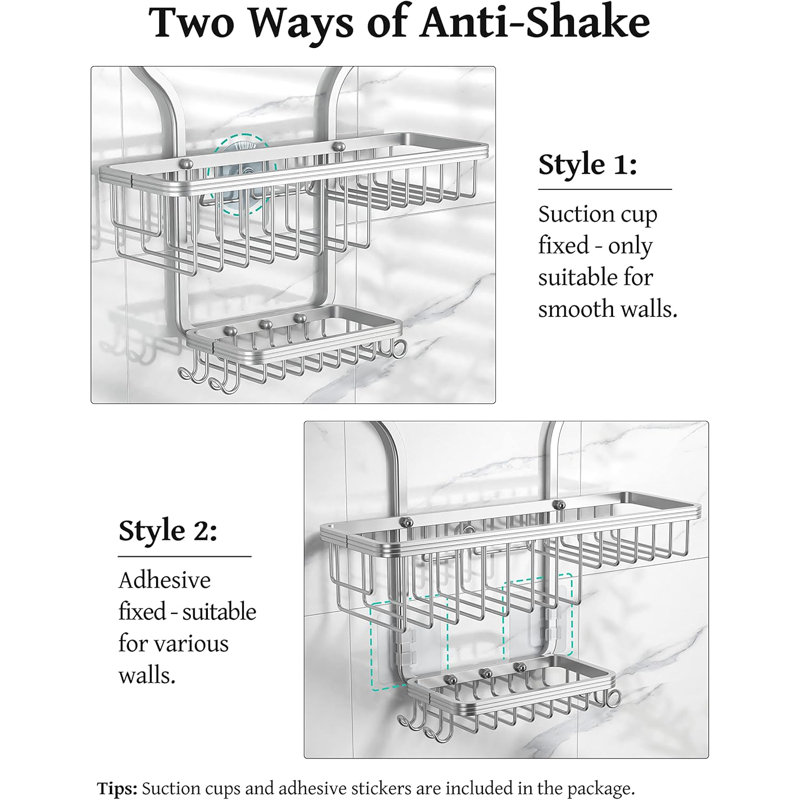 Shower Caddy Hanging - Never Rust Shower Organizer - Aluminum Over The Shower Head Caddy with 10 Hooks for Razor/Sponge
