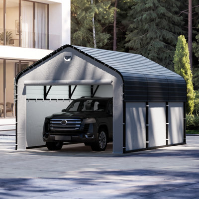 15.75 ft. W x 9.91 ft. D Heavy Duty Metal Frame Carport with Solar Lamp, Outdoor Garage Car Shelter with Powder-Coated Steel Roof & Fabric Sidewall