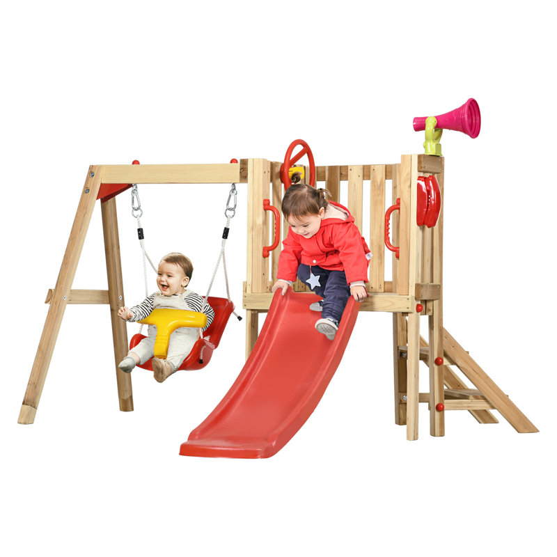 Portique d'extérieur en bois 4 en 1 avec roue de capitaine, télescope et boîte aux lettres pour enfants Outsunny