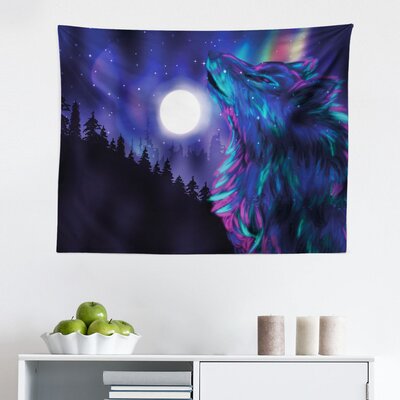 Moon Tapestry, Northern Imagery Aurora Borealis Wolf Forest Starry Night, Fabric Wall Hanging Decor For Bedroom Living Room Dorm, 28"" X 23"", Indigo Aq -  East Urban Home, 36E9FABFDC8048BDB493C0DCAC2FA046