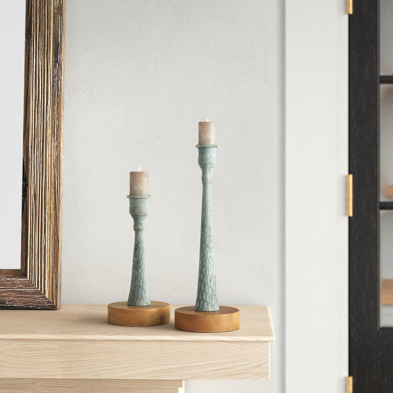 Alia Tabletop Candlestick, Light Blue/Brown