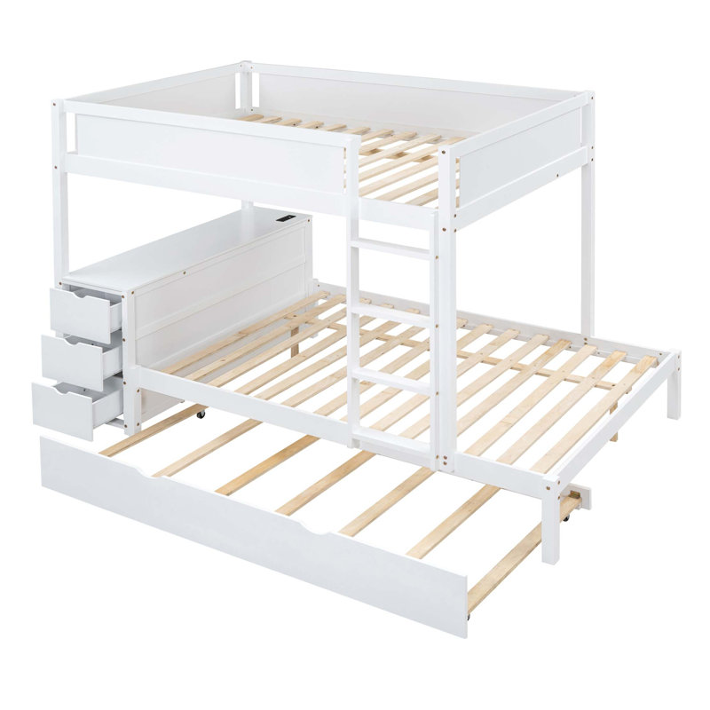 Lit superposé double compact avec gigogne, rangement et bureau USB, Blanc