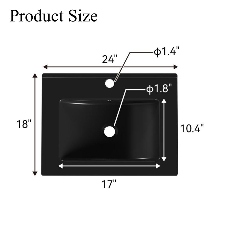 24'' Ceramic Rectangular Bathroom Sink with Overflow, Black