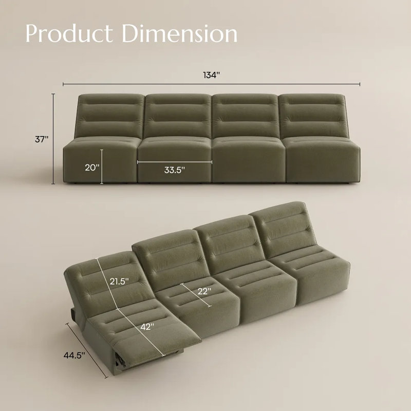 Canapé inclinable électrique Halune, 37" H x 134" W x 44.5" D, Vert