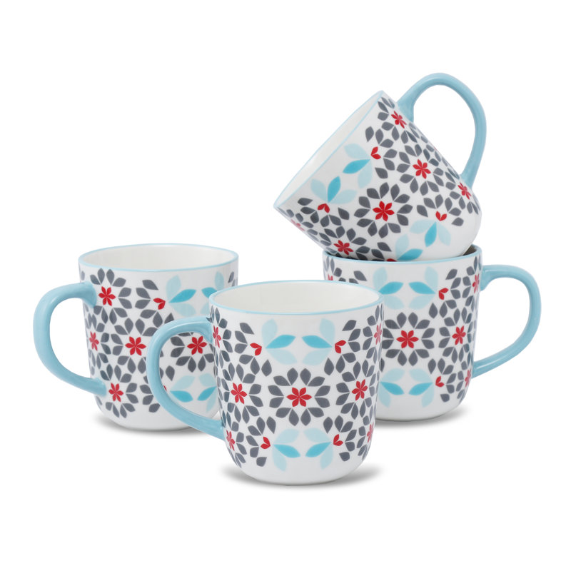 Tasses à café à motif floral, tasses à thé en porcelaine tendre avec poignées colorées, ensemble de 4, Bleu