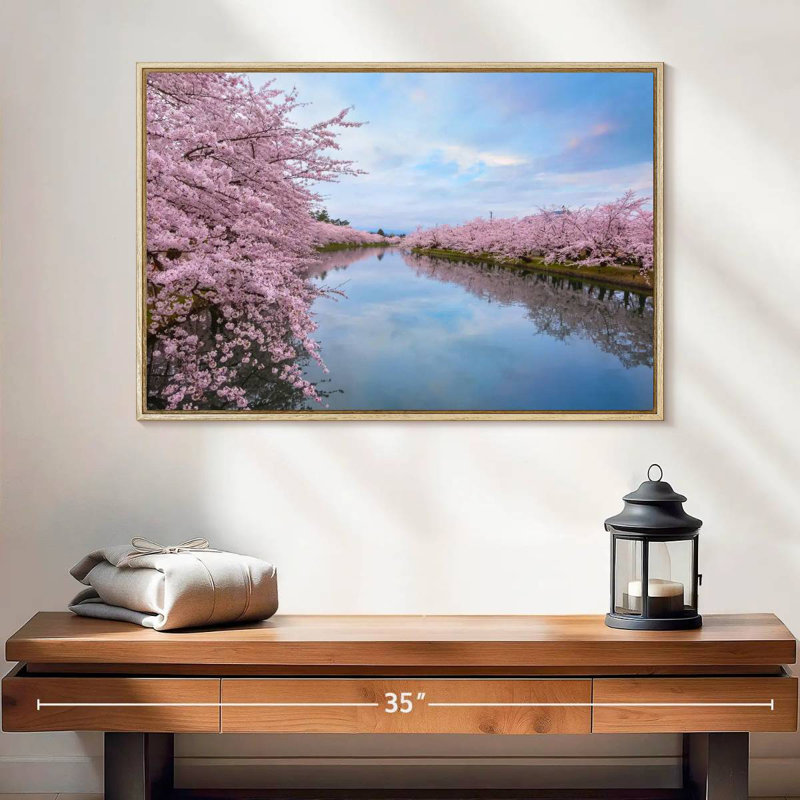 Fleur de cerisier en pleine floraison, 25 po x 17 po, Cadre flottant en bois naturel