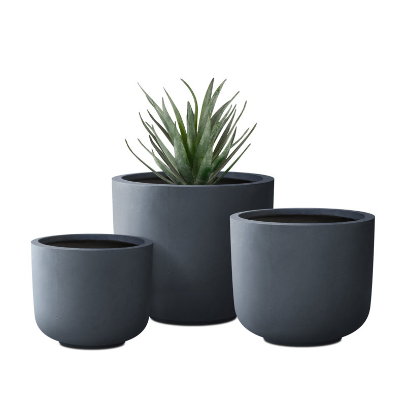 Tali 3 Piece 13.19 in, 11.02 in and 9.06 in L Round Lightweight Concrete and Fiberglass Indoor Outdoor Weather Resistant Planters with Drainage Holes Set