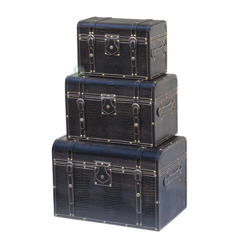 Rangement coffre 3 pces, Cuir noir