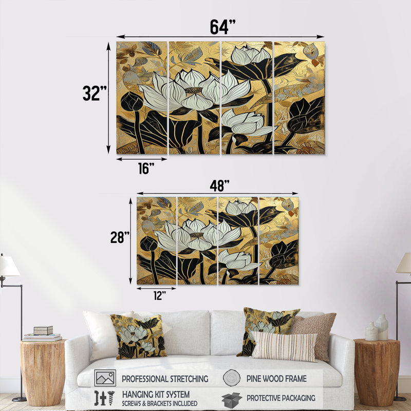 4 pièces de lotus blanc et feuilles noires sur fond doré - lotus, H 32 po x l 64 po