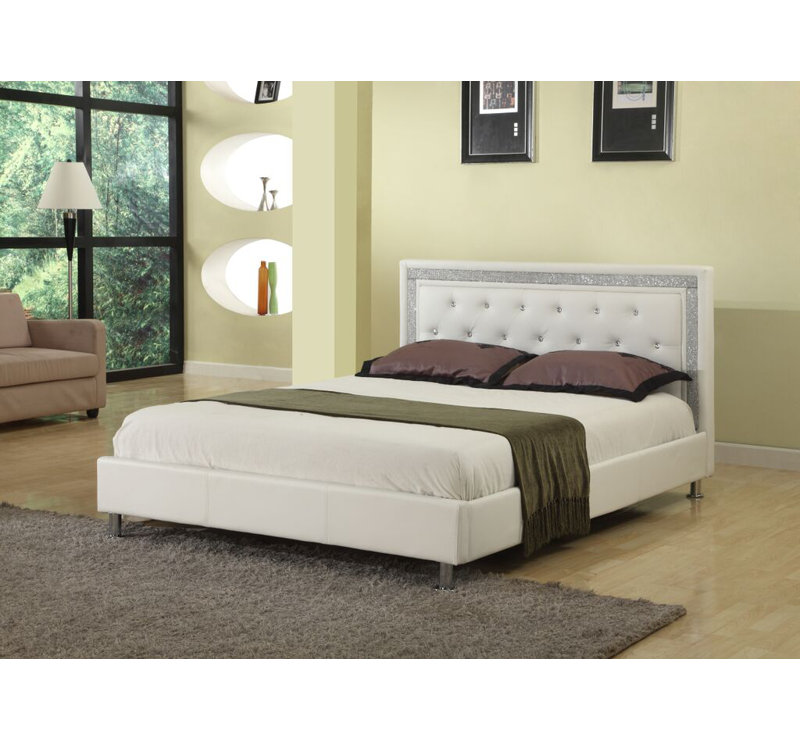 Demps Tufted Low Profile Platform Bed with Metal Legs, Queen, White