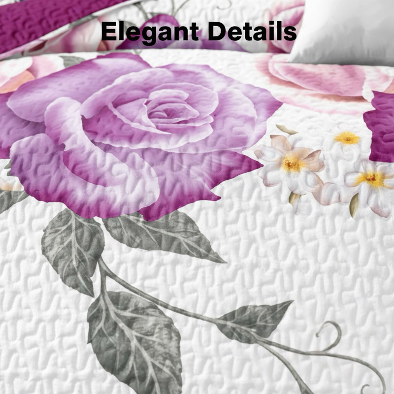 King Size 9-Piece Purple Rose Floral Bedding & Curtain Set (King) - Quilted Microfiber Bedspread + Sheer Drapes, King