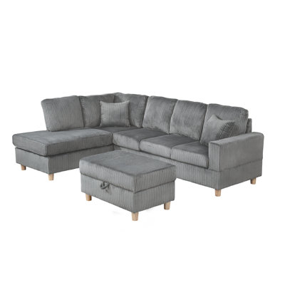 3Pc Velvet Corduroy Reversible Sectional With Chaise, Drop Down Table, And Storage Ottoman