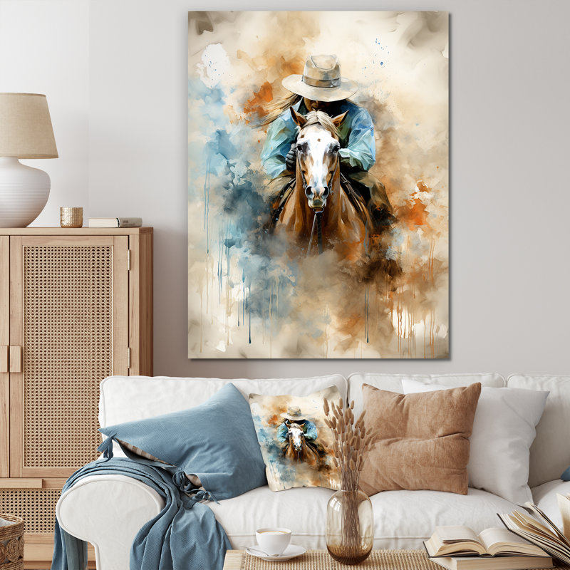 «Cowboys avec cheval» - art mural Cowboys, Toile tendue, H 32 po x l 24 po x P 1 po