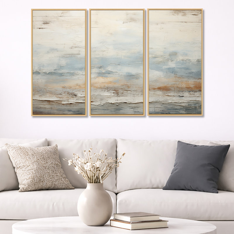 «Beige Blue Ocean Storm», ensemble d'art mural formes abstraites, H 28 po x l 36 po x P 1 po, Toile tendue