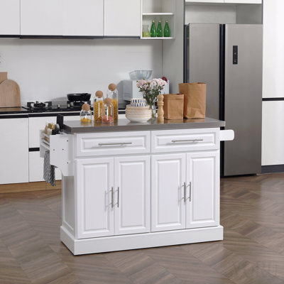Rolling Kitchen Island With Storage, Portable Kitchen Cart With Stainless Steel Top, 2 Drawers, Spice, Knife And Towel Rack And Cabinets, Gray