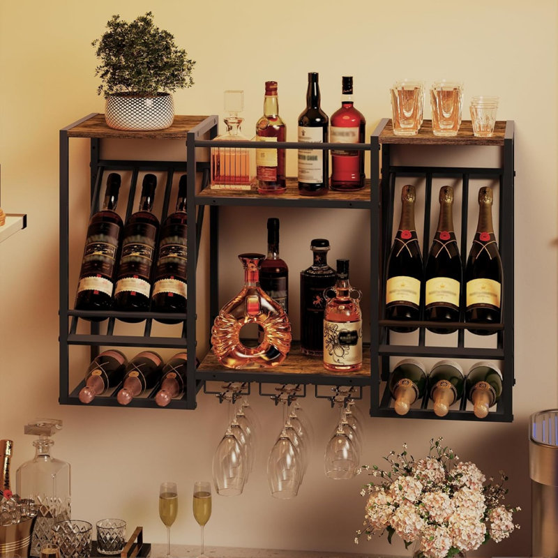 Support à vin mural, support à vin à 3 niveaux, tablette flottante avec porte-verres et porte-bouteilles, étagère de rangement, pour salle à manger, cuisine, salon, brun rustique et noir