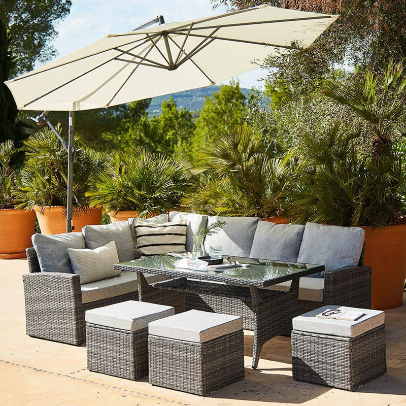 Bernardina All Weather Wicker/Rattan 9 - Person with Cushions & Parasol, White, Grey