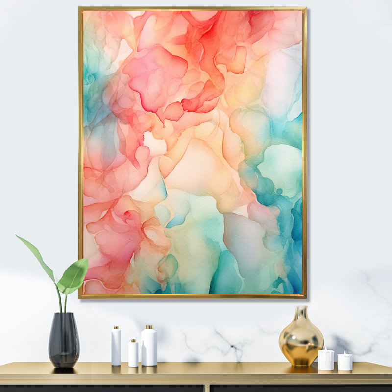 «Orange and Teal Enchanted Spills», art mural abstrait sur toile, H 20 po x l 12 po x P 1 po, Cadre flottant doré