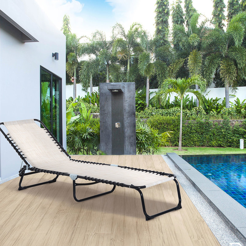 Cream White Outdoor Lounge Chair - 4 Reclining Back, Breathable Mesh For Patio, Poolside Foldable Patio Recline, Mesh, Outdoor, Beach, Use