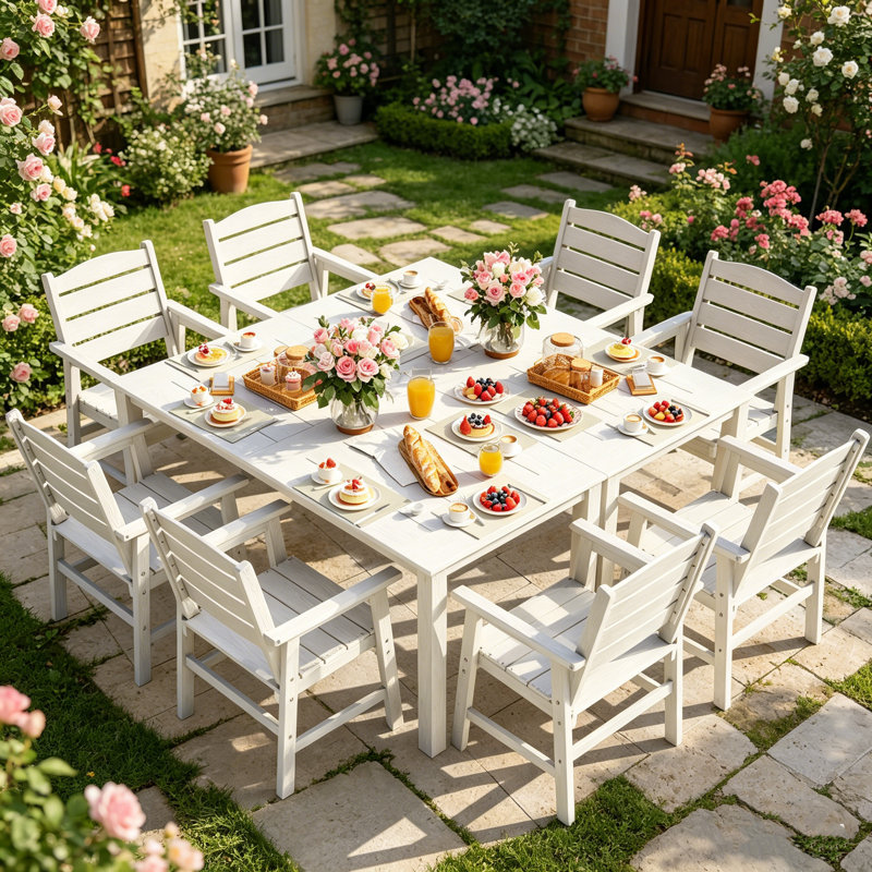 Ensemble de salle à manger d'extérieur toutes saisons 10 pièces Ensemble de salle à manger d'extérieur avec trou pour parasol et structure en aluminium Ensemble de salle à manger d'extérieur moderne pour 8 personnes pour cour arrière / porche / terrasse, blanc