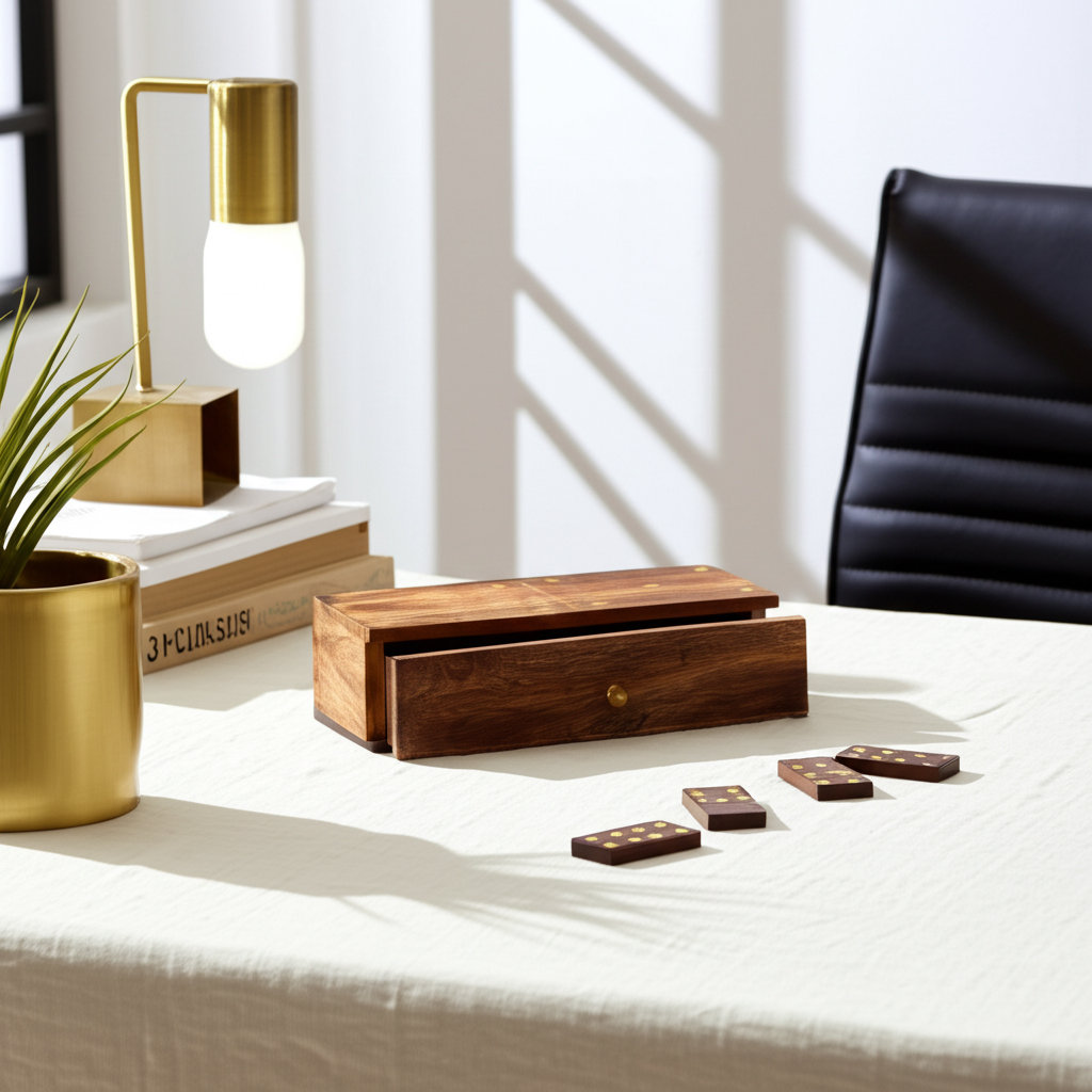 Dorman Games Mango Wood and Brass Domino Set with Pull-Out Drawer 9" Brown for Home Office Bedroom or Living Room Use Millwood Pines