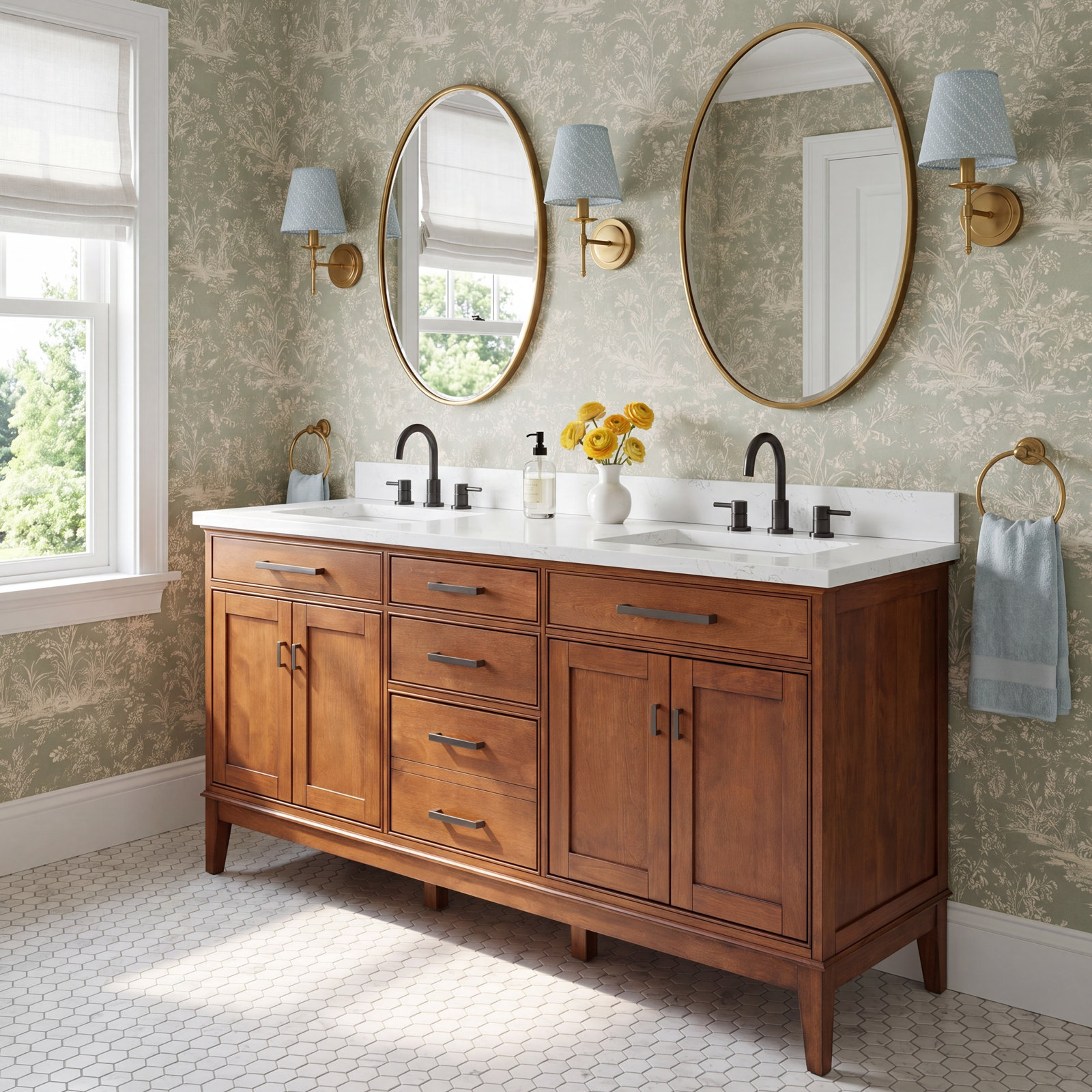 72" Carrara Marble Double Bathroom Vanity, Tobacco, Cala White