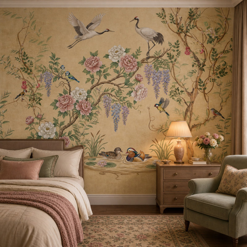 Papier peint chinois, pivoines, oiseaux, pivoines, 120"x96", Textured Non-Pasted