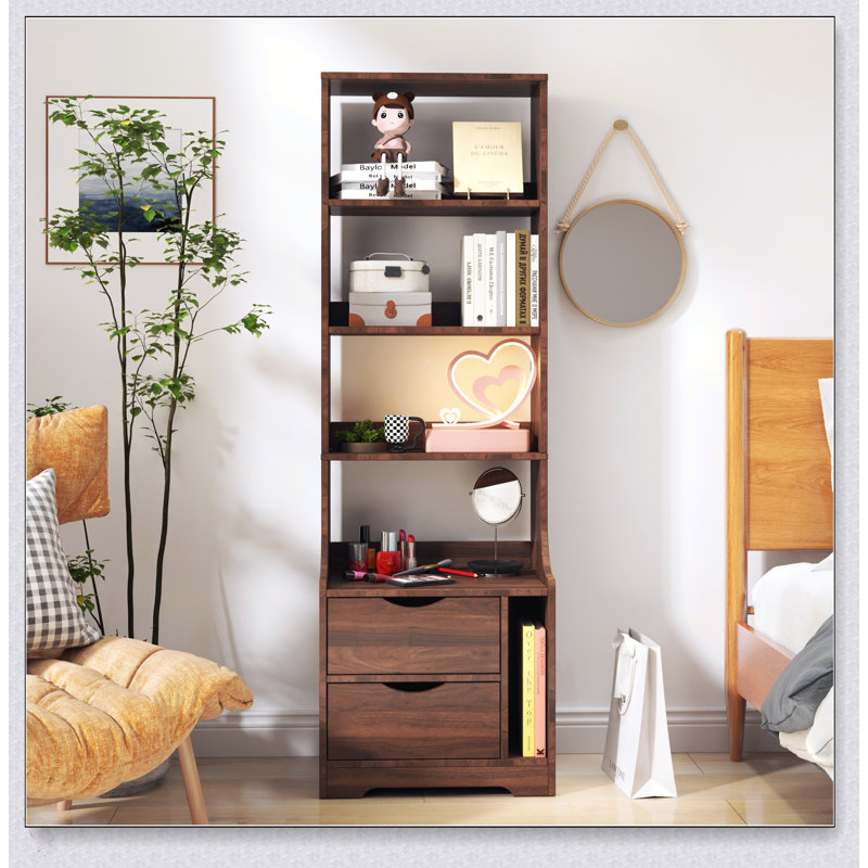 Table de chevet avec bibliothèque, table de chevet avec 2 tiroirs de rangement pour la chambre à coucher, Noyer