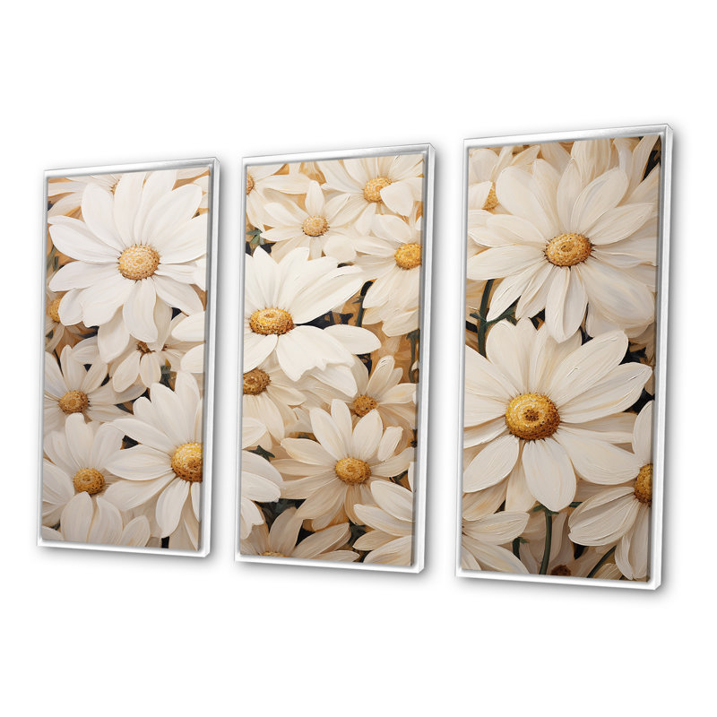 «White Daisy Fields Elegance II» - ensemble d'art mural marguerites, Cadre flottant blanc, H 32 po x l 48 po x P 1 po