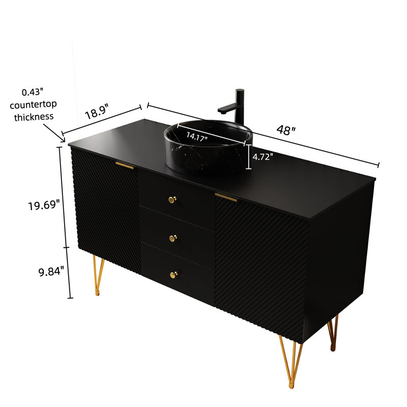 Meuble-lavabo de salle de bain de 122 cm (48 po), lavabo en céramique à motif de pierre noire, pieds dorés, 3 tiroirs de rangement, 2 compartiments ouverts, comptoir fritté, armoire en contreplaqué multicouche, lavabo rond design, et
